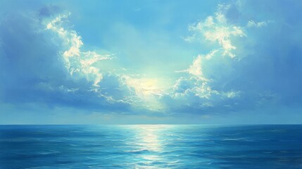 Obraz premium The vast sea stretches endlessly between the sky and earth, melding the horizon where the sea meets the sky, offering a serene view that captivates the soul and inspires endless thoughts of peace.