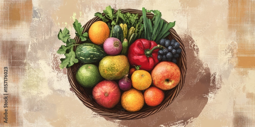 Poster flat lay view from above featuring a basket filled with a variety of fruits and vegetables from a fa