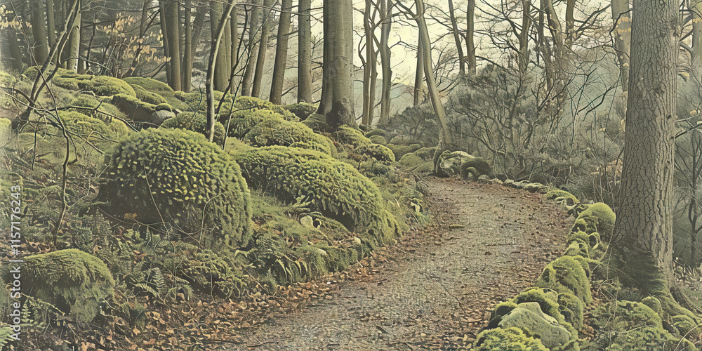 Poster forest path with moss-covered rocks and trees
