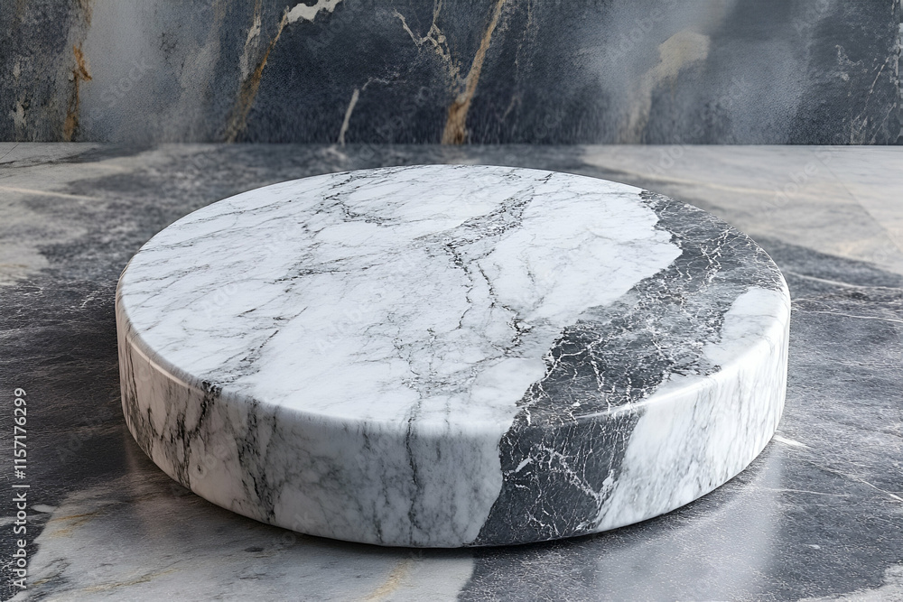 Poster elegant marble platform, a circular display stands on a polished stone surface, showcasing refined t