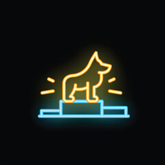 Neon sign of a dog standing on a podium, representing a concept related to dog shows and competitions