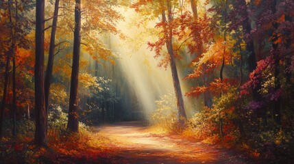 Obraz premium Autumn forest bathed in sunshine, showcasing the vibrant colors of the season as sunlight filters through the trees, creating a picturesque autumn forest scene filled with warm light.