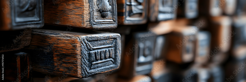 Poster intricate wooden blocks with engraved letters, stacked closely together, showing rich texture and de