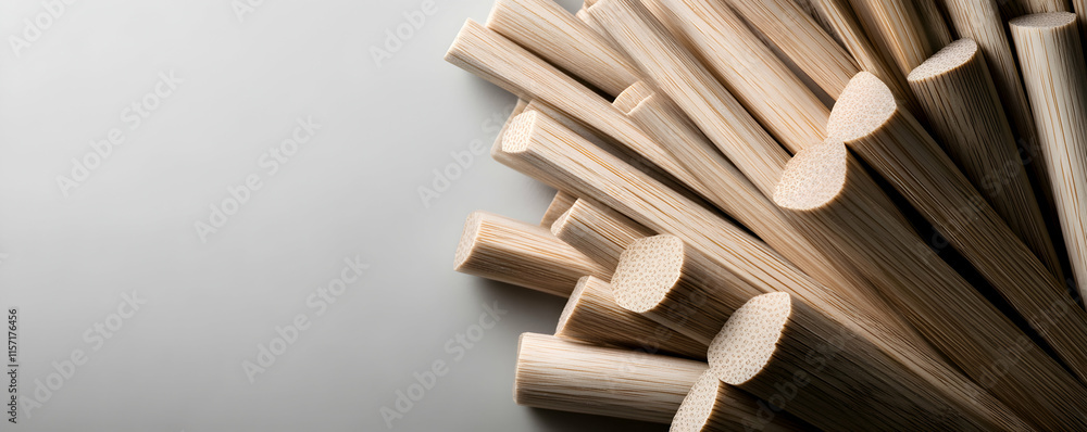 Poster natural bamboo sticks arranged in a radial pattern, displaying their texture and grain, creating a v
