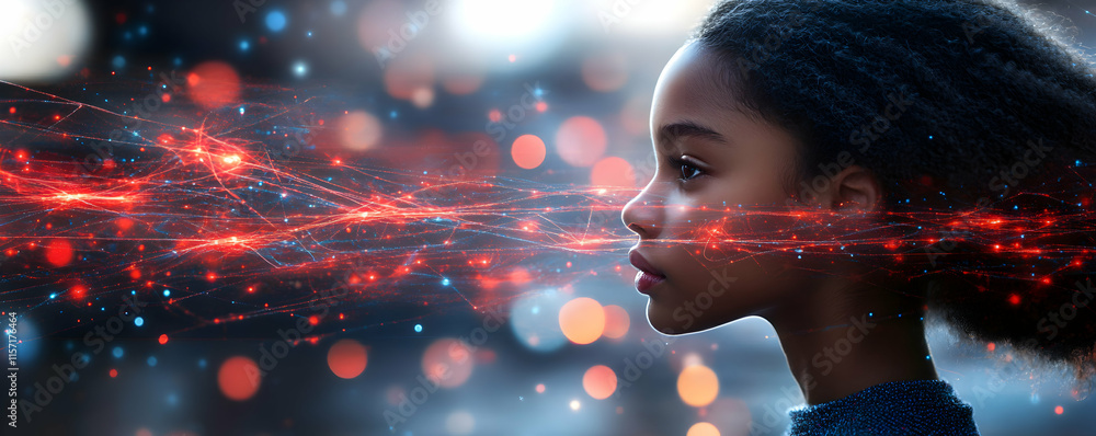 Poster child's face with digital network streams, exploring future tech and innovation's potential.