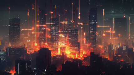 Fototapeta premium Smart digital Innovation city with connection network reciprocity over the cityscape. of future smart wireless digital city and social media networking systems that connects people with in city