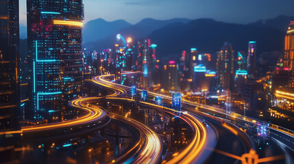 Fototapeta premium Smart digital Innovation city with connection network reciprocity over the cityscape. of future smart wireless digital city and social media networking systems that connects people with in city