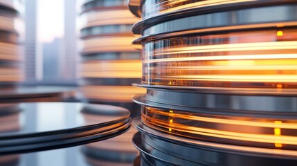 Futuristic metallic structures with glowing orange lines.