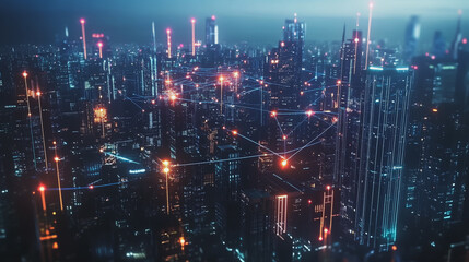 Smart digital Innovation city with connection network reciprocity over the cityscape. of future smart wireless digital city and social media networking systems that connects people with in city