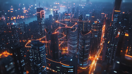 Fototapeta premium Smart digital Innovation city with connection network reciprocity over the cityscape. of future smart wireless digital city and social media networking systems that connects people with in city