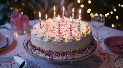 Delicious birthday cake with lit candles, sprinkles, and creamy frosting on a table with plates and glasses.
