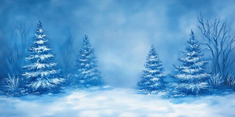Obraz premium A serene winter scene featuring snow covered ground and Christmas trees, all in calming blue shades, creating a dreamlike atmosphere filled with tranquility.
