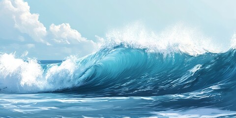 A magnificent wave breaks with pristine water, highlighting themes of environmental awareness and insurance, all enveloped in a soothing blue color.