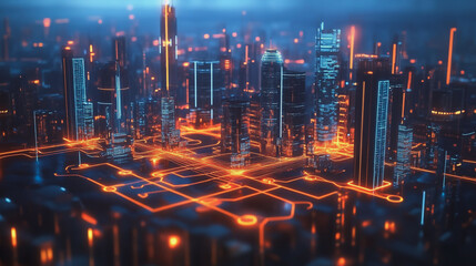 Fototapeta premium Smart digital Innovation city with connection network reciprocity over the cityscape. of future smart wireless digital city and social media networking systems that connects people with in city