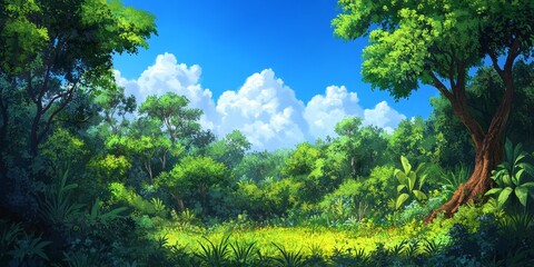 Fototapeta premium A vibrant, lush forest accompanies a bright blue sky in the background, creating a striking and beautiful natural scene filled with greenery and color.