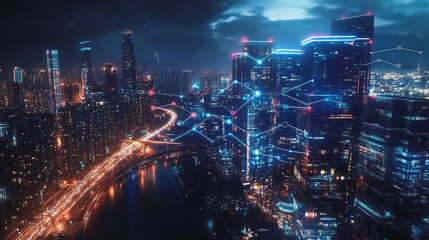 Fototapeta premium Smart digital Innovation city with connection network reciprocity over the cityscape. of future smart wireless digital city and social media networking systems that connects people with in city