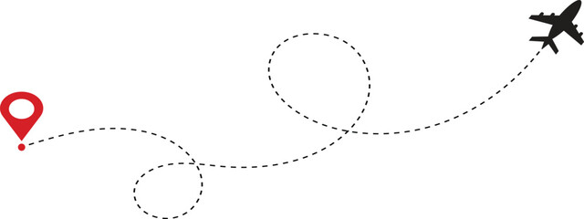 Airplane flight path from a location. Airplane line path travel icon of start point and end point dash line.