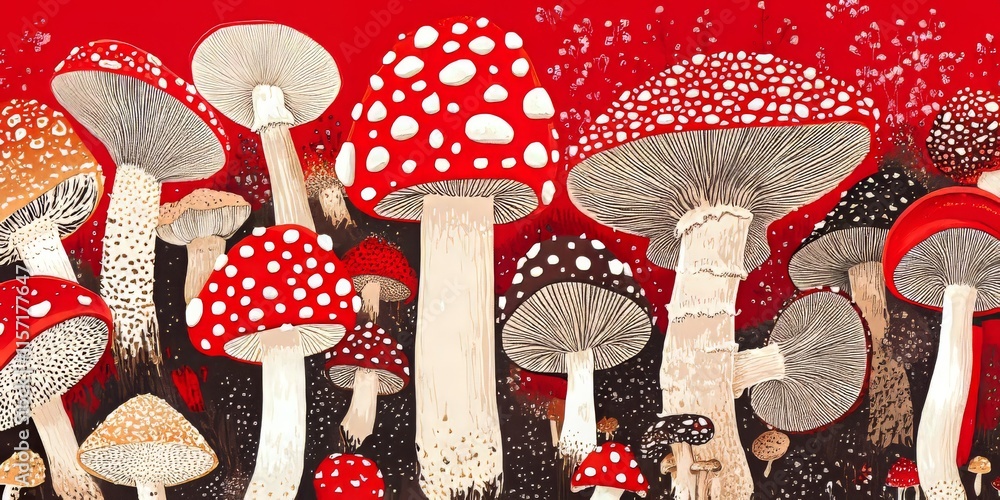 Poster vibrant mushrooms and fungi showcase striking red and white patterns with distinctive dots, creating