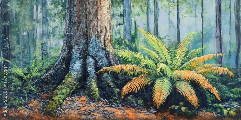 Poster tree trunk featuring vibrant resurrection ferns, showcasing the unique relationship between tree tru
