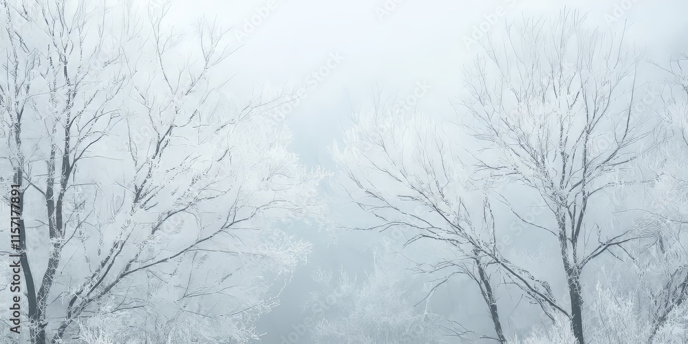 Poster hoarfrost blankets branches in a serene forest, creating a stunning display of white and a monochrom