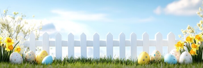 A charming Easter scene features a white picket fence adorned with vibrant flowers and colorful eggs scattered on lush green grass, all set against a bright blue sky, enhancing the joyful atmosphere