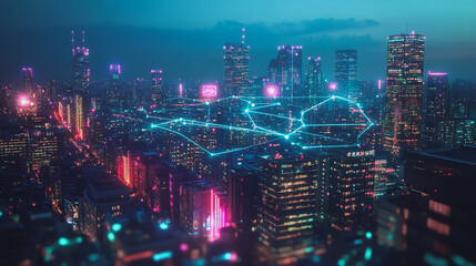 Fototapeta premium Smart digital Innovation city with connection network reciprocity over the cityscape. of future smart wireless digital city and social media networking systems that connects people with in city