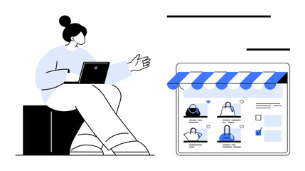 Person using a laptop next to an online store window showcasing different bags. Ideal for e-commerce, online shopping, digital marketing, retail business, web design, customer engagement, technology