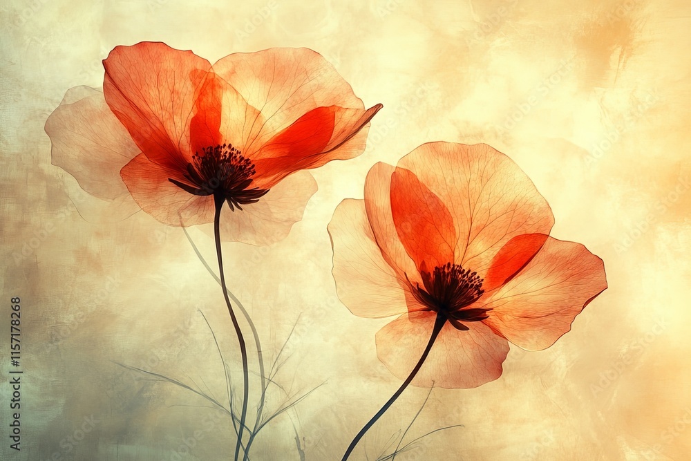 Aufkleber the image captures two translucent red poppies, their delicate petals glowing against a warm, soft y