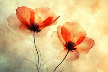 The image captures two translucent red poppies, their delicate petals glowing against a warm, soft yellow background, evoking a sense of calm and serenity.