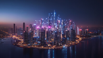 Smart digital Innovation city with connection network reciprocity over the cityscape. of future smart wireless digital city and social media networking systems that connects people with in city