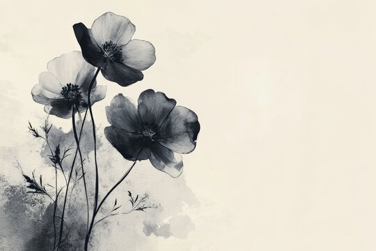 Three monochrome flowers positioned artistically, creating a powerful yet minimalistic black and white image; suitable for those drawn to simplicity and elegance.