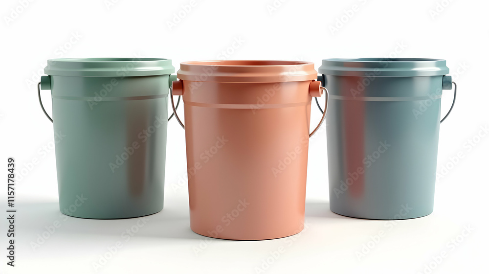 Poster three pastel-colored buckets stand in a row, a simple yet visually appealing composition against a s