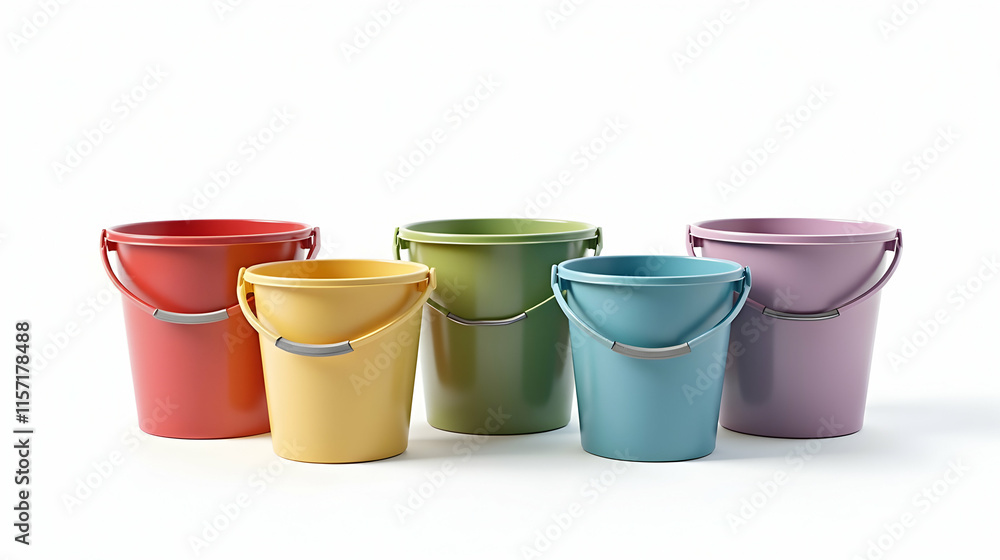 Poster five vibrant buckets in a row, showcasing a spectrum of cheerful colors against a stark white backdr