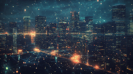 Smart digital Innovation city with connection network reciprocity over the cityscape. of future smart wireless digital city and social media networking systems that connects people with in city