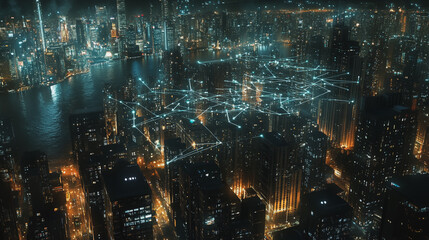 Fototapeta premium Smart digital Innovation city with connection network reciprocity over the cityscape. of future smart wireless digital city and social media networking systems that connects people with in city