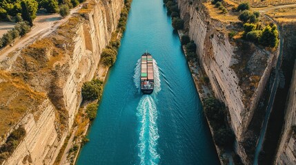 Container ship navigating a narrow canal between steep cliffs.
