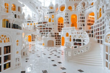 Fototapeta premium Enchanting White Library Architecture Bookshelves Staircase Fantasy Interior Design