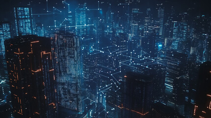 Smart digital Innovation city with connection network reciprocity over the cityscape. of future smart wireless digital city and social media networking systems that connects people with in city