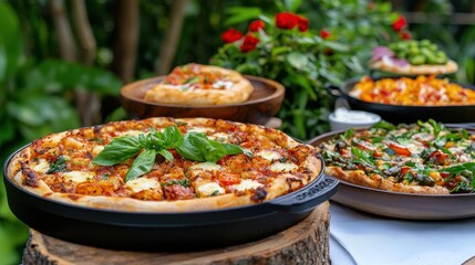 Freshly Baked Italian Pizza with Vibrant Toppings on Rustic Wooden Plates in Lush Garden Setting