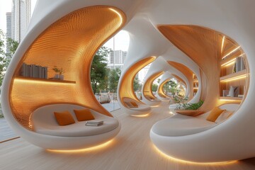Modern Library Interior Design Serene Reading Pods Wooden Accents