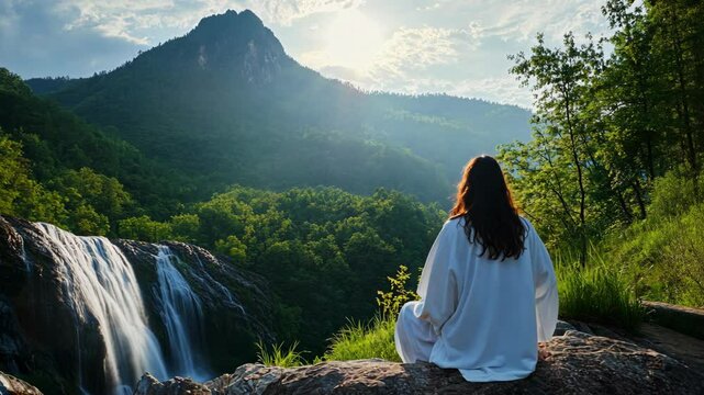 Jesus sitting at waterfall, concept of bible phrase John 4:14 but whosoever drinketh of the water that I shall give him shall never thirst; but the water that I shall give him shall be in
