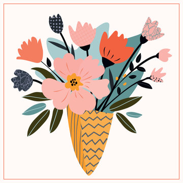 An illustration with bouquets of stylized textured flowers. Dark green, pink, orange, gray. For the Spring time, Valentine's Day, March 8th, birthday postcards, magazines, websites, invitations.
