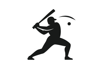 bold black silhouette of a baseball player mid-swing, capturing the action of hitting a ball, ideal for sports logos, branding, or creative designs.