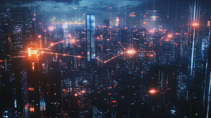 Fototapeta premium Smart digital Innovation city with connection network reciprocity over the cityscape. of future smart wireless digital city and social media networking systems that connects people with in city