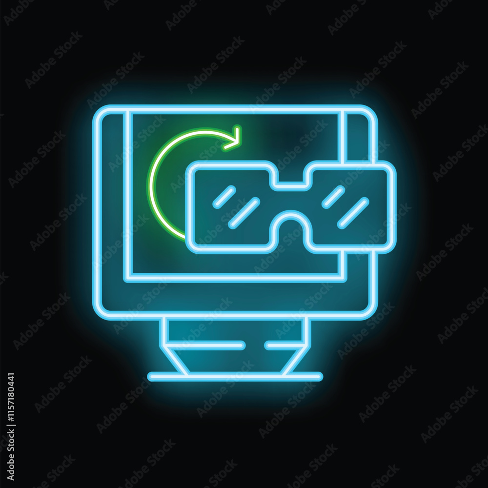 Poster neon sign showing a vr headset superimposed on a computer monitor screen with a circular arrow, repr