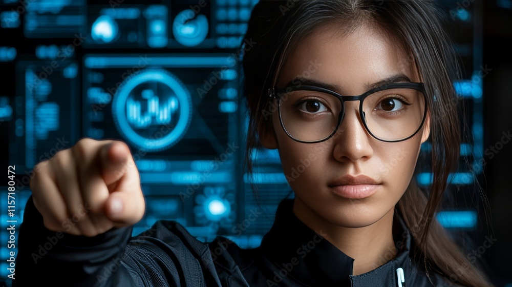 Poster focused businesswoman analyzing digital interface. dynamic workspace, data driven decisions