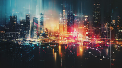 Fototapeta premium Smart digital Innovation city with connection network reciprocity over the cityscape. of future smart wireless digital city and social media networking systems that connects people with in city