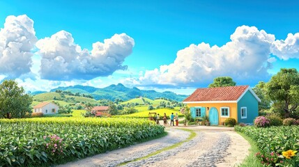 Fototapeta premium A colorful cottage amidst lush fields and blue skies, creating a serene rural landscape.