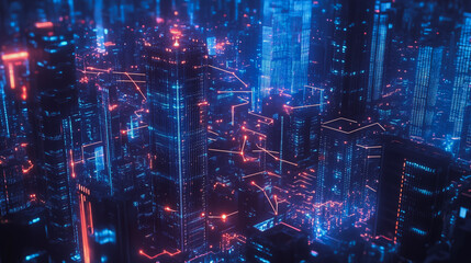 Smart digital Innovation city with connection network reciprocity over the cityscape. of future smart wireless digital city and social media networking systems that connects people with in city