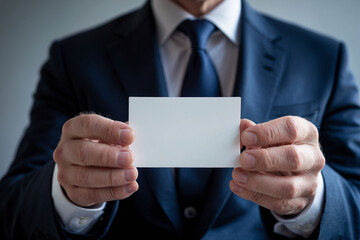 Fototapeta premium Close-up of a businessman holding a plain white business card.